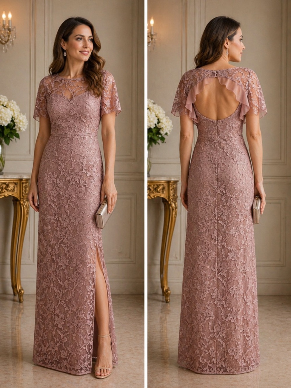 Aidan Mattox Dusty Rose Lace Maxi Gown with Capelet Back